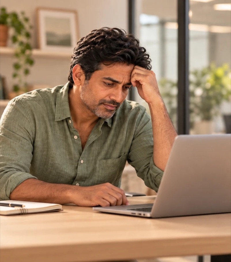 A man sitting at his desk with his head in his hand, looking worried as he stares at his laptop