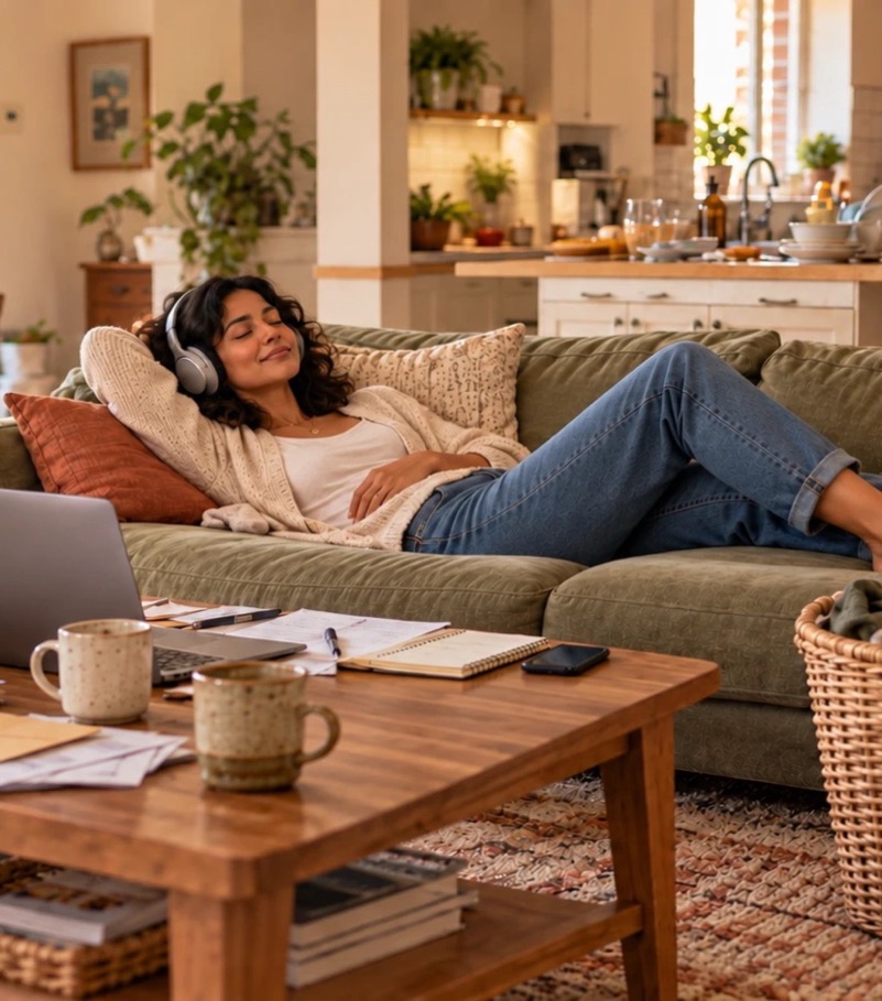 A woman lying back on her sofa with headphones on and her eyes closed, beside a coffee table covered in an open laptop, papers and a notebook