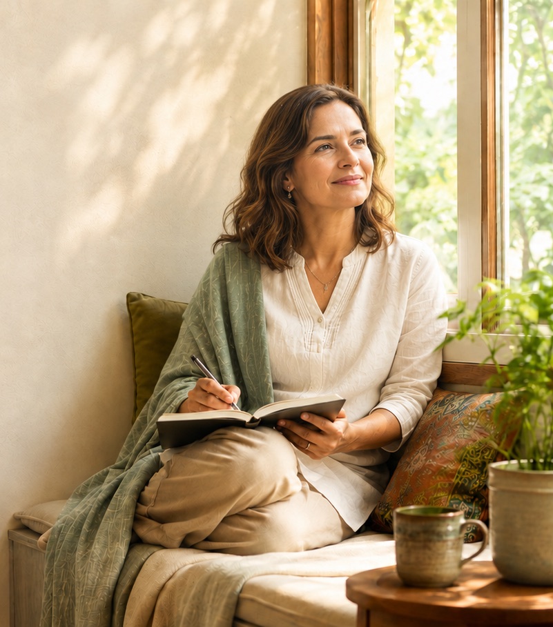 A woman sitting in a sunlit window seat, smiling as she writes in a journal