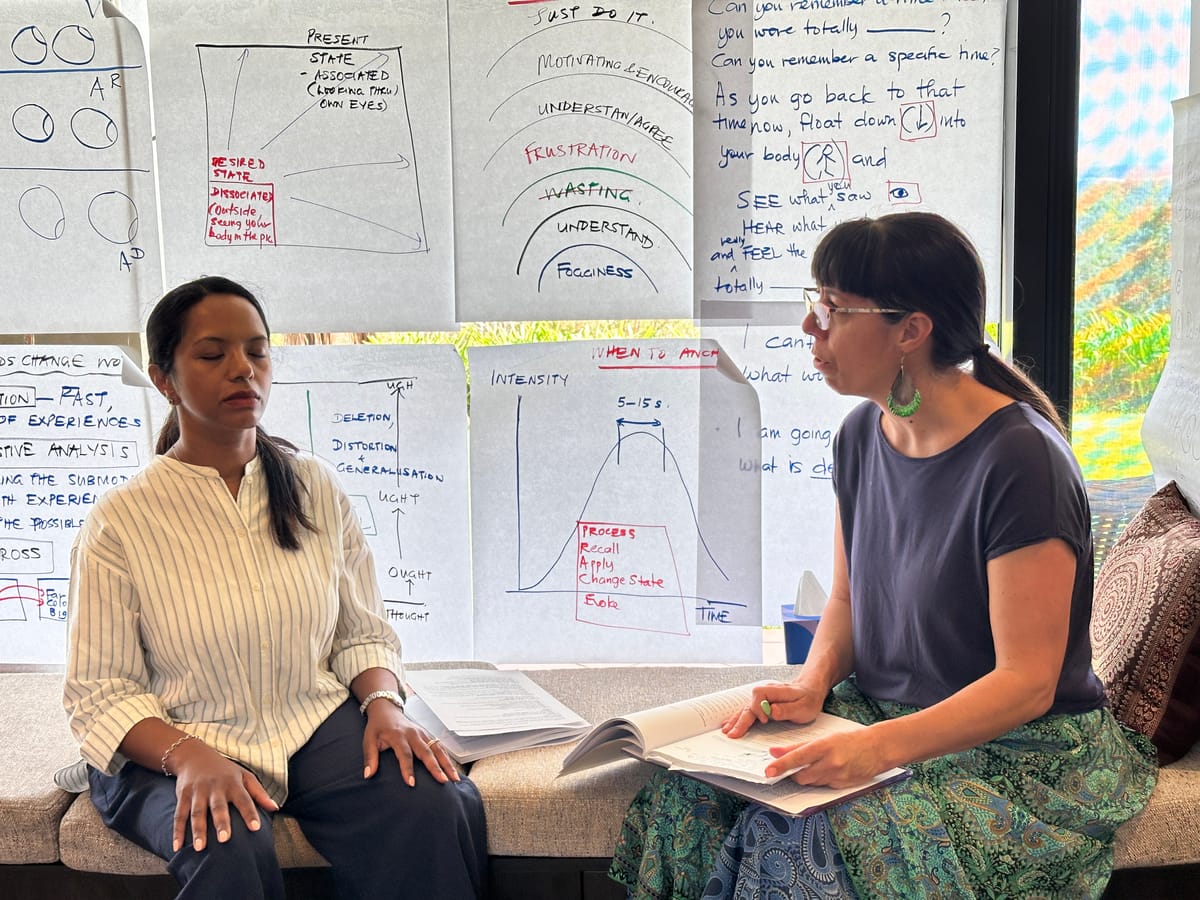 Participants reviewing the whiteboard notes from a session